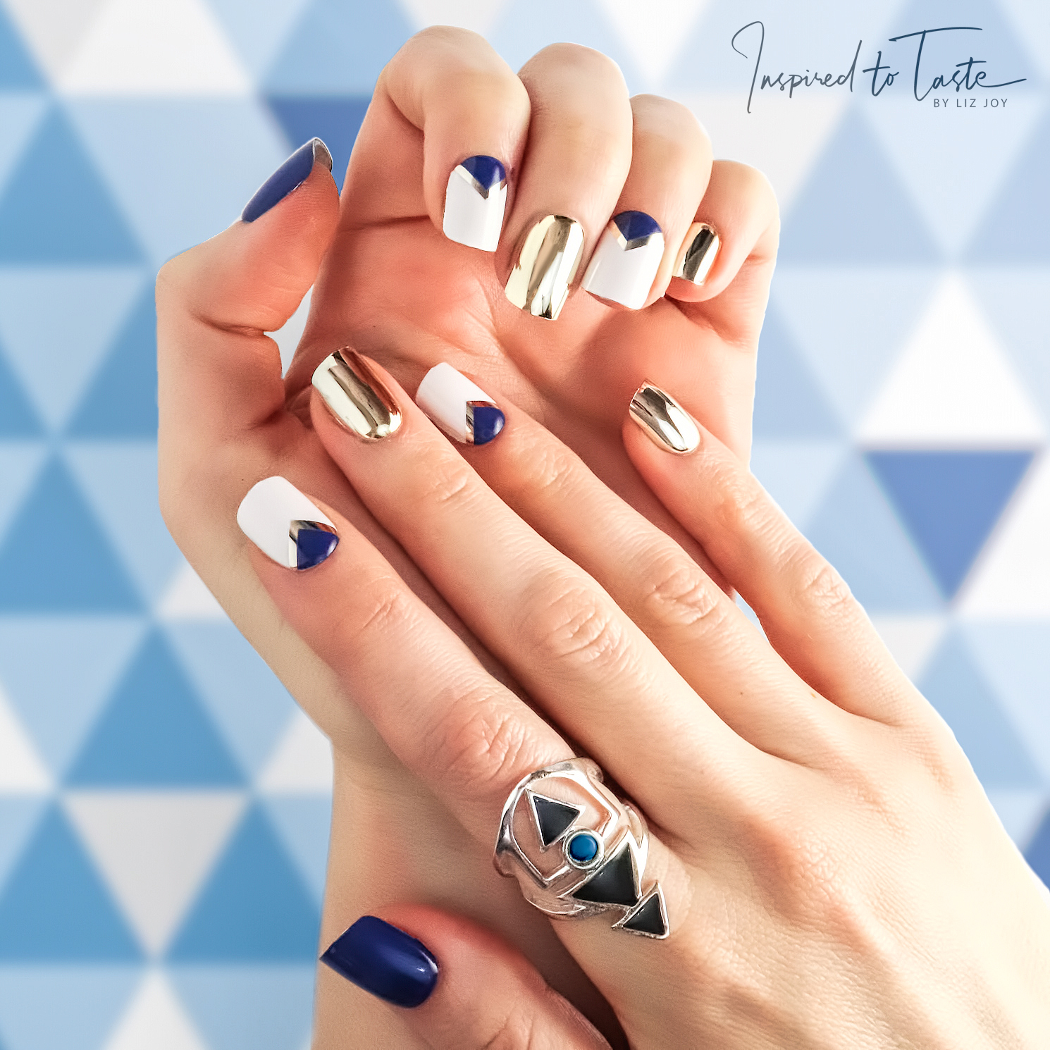 Chrome & blue geometric press-on nails – Inspired to Taste